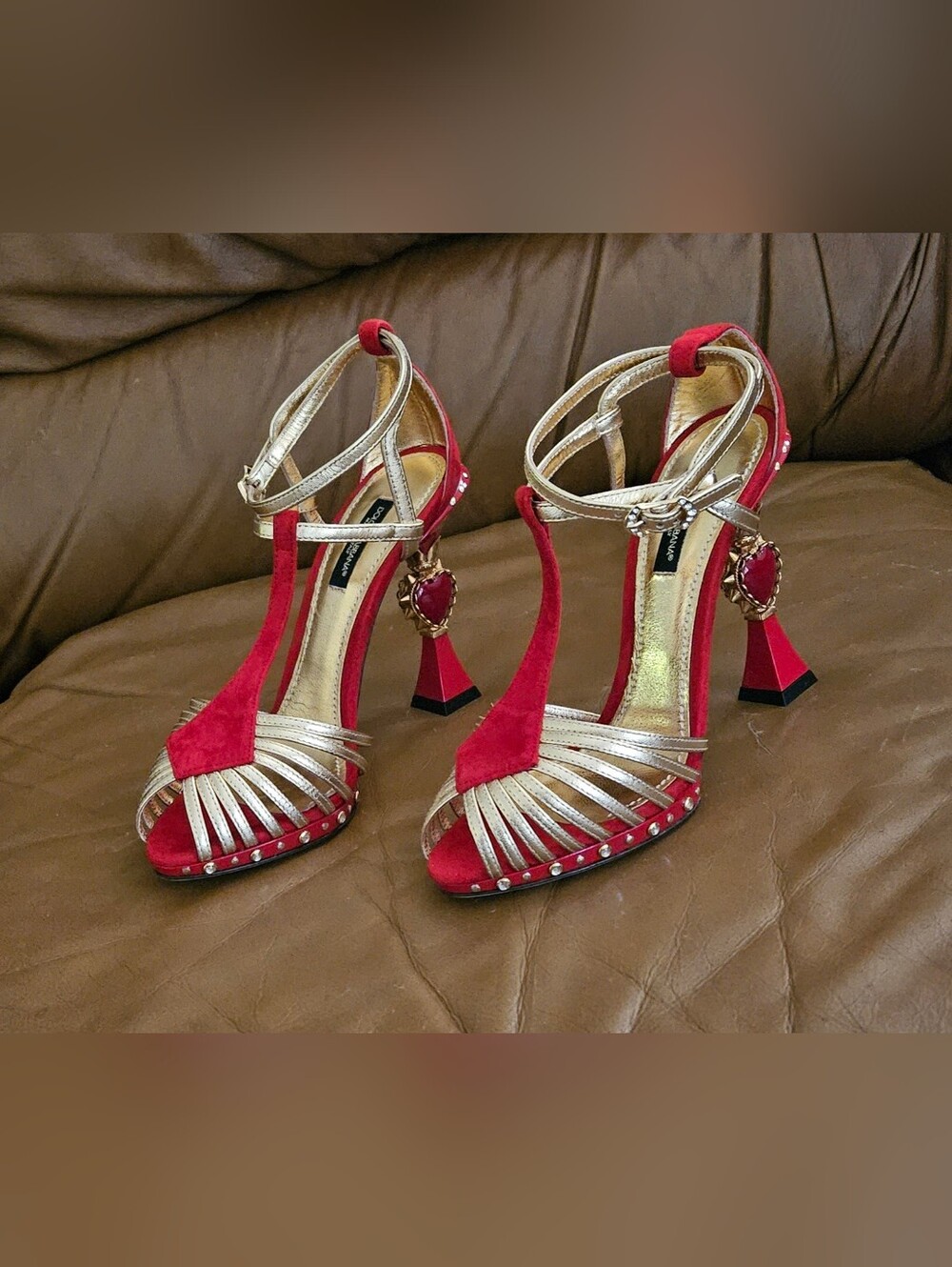 Dolce & Gabbana Red Suede Metallic Gold Luxury Designer Buckle Sandals Size 6.5